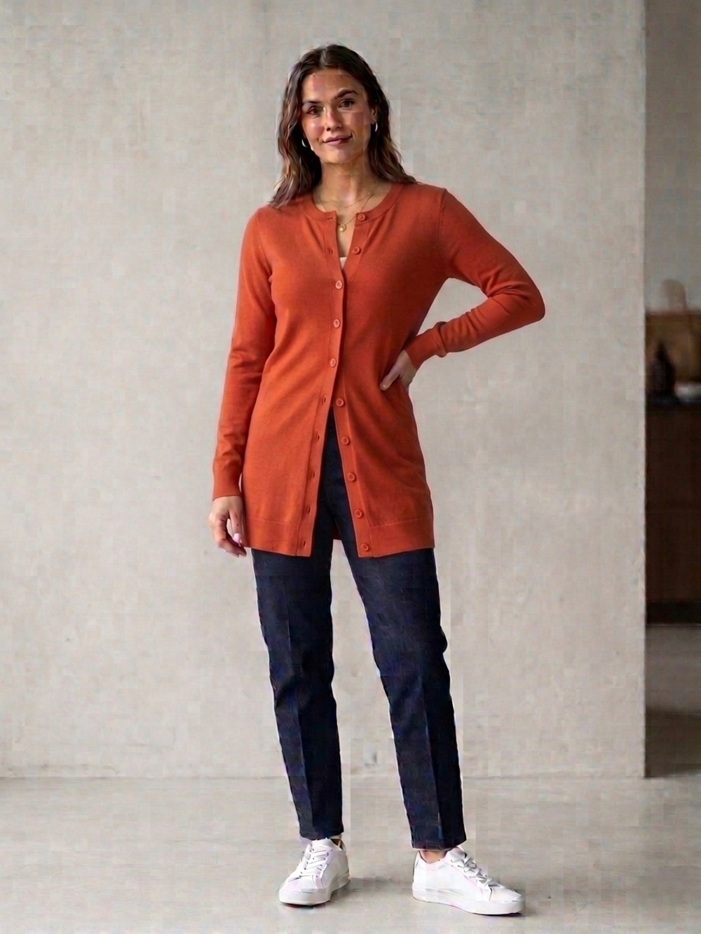 Rust Orange Button-Front Long Cardigan